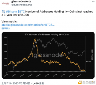 数据：持有超过1000枚比特币的地址数量创3年新低